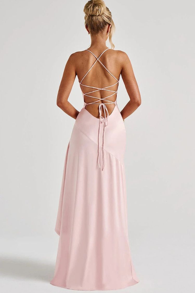 Samira Satin Back Lace-up Ruffles High Low Slit Maxi Dress