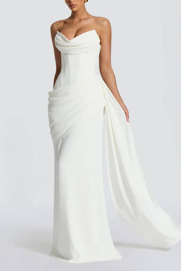 Matisse Strapless Pleated Cowl Overlay Back Lace-up Drape Panel Maxi Dress