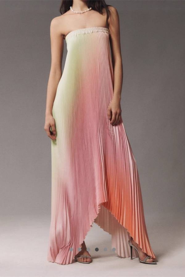 Strapless Ombre Pleated Asymmetric Hem Gown