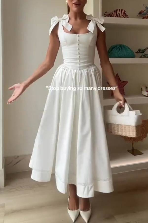 Real Darling Square Neck Cute Bows Straps Button Up Pocketed Midi Dress