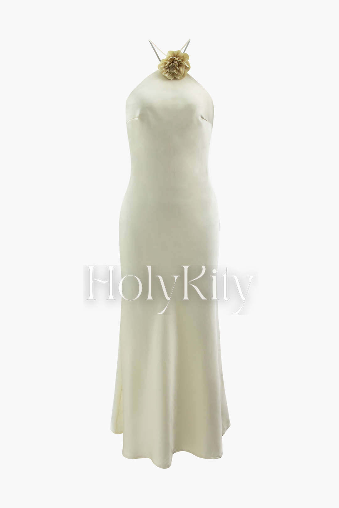 Rose Corsage Satin Halter Maxi Dress