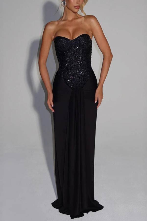 Strapless Sequin Corset Ruched Slit Evening Gown