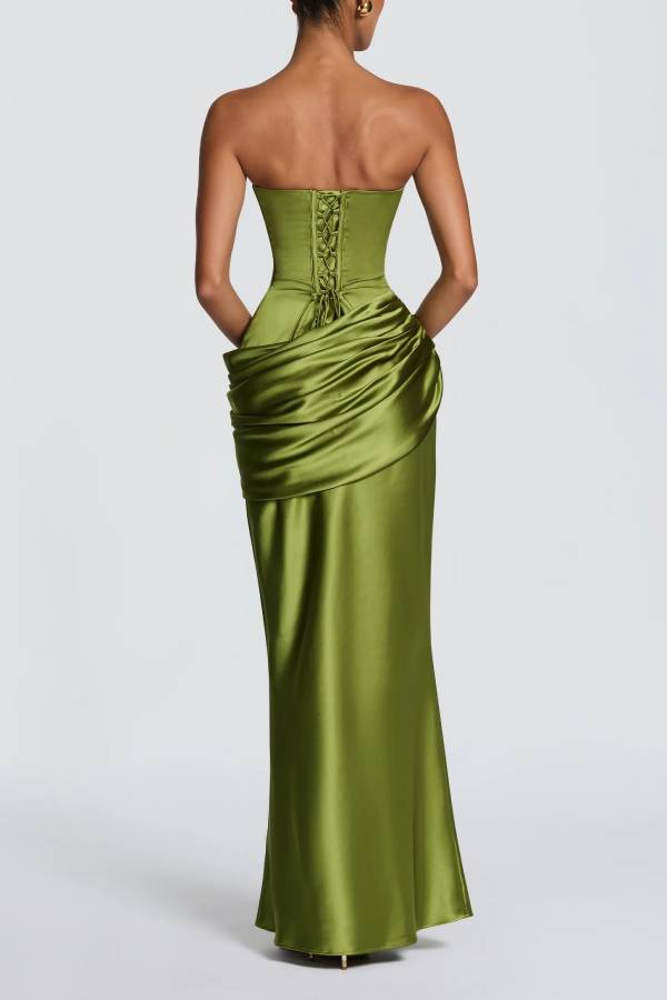 Ella Satin Detachable Asymmetric Off Shoulder Drape Panel Back Lace-up Maxi Dress