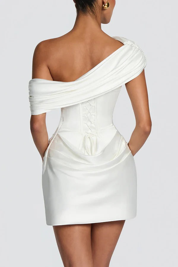 Hayden Satin Detachable Asymmetric Off Shoulder Drape Panel Back Lace-up Mini Dress