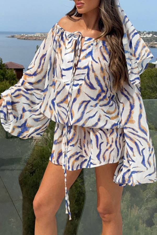 Blue & Brown Tiger Print Off-Shoulder Lantern Sleeve Vacation Dress