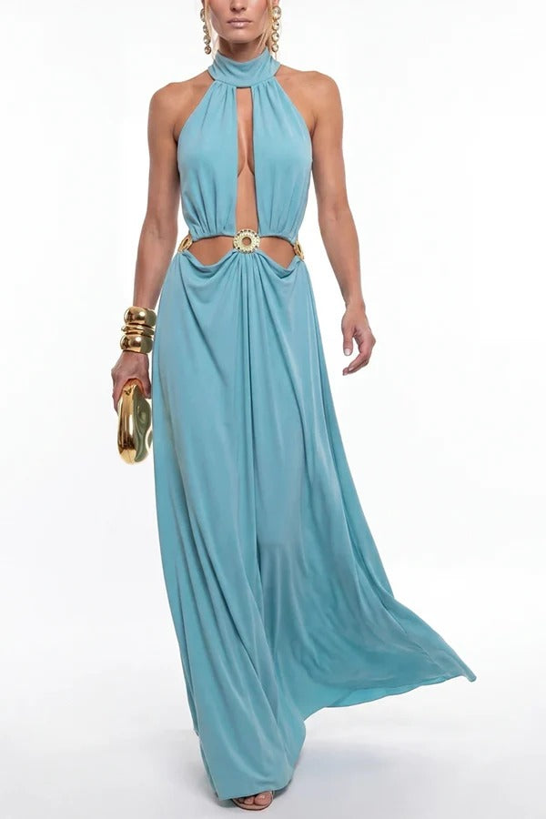 Arkos High Neck Cut-out Gold-plated Metal Emblems Backless Maxi Dress