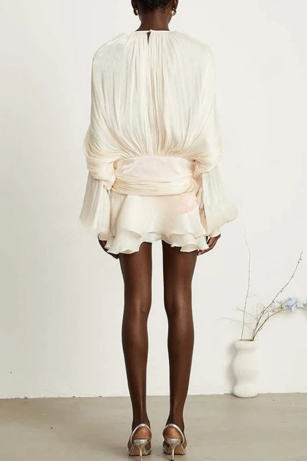 Ninah Glitter Fabric Pleated Balloon Sleeve Tiered Ruffle Hem Mini Dress