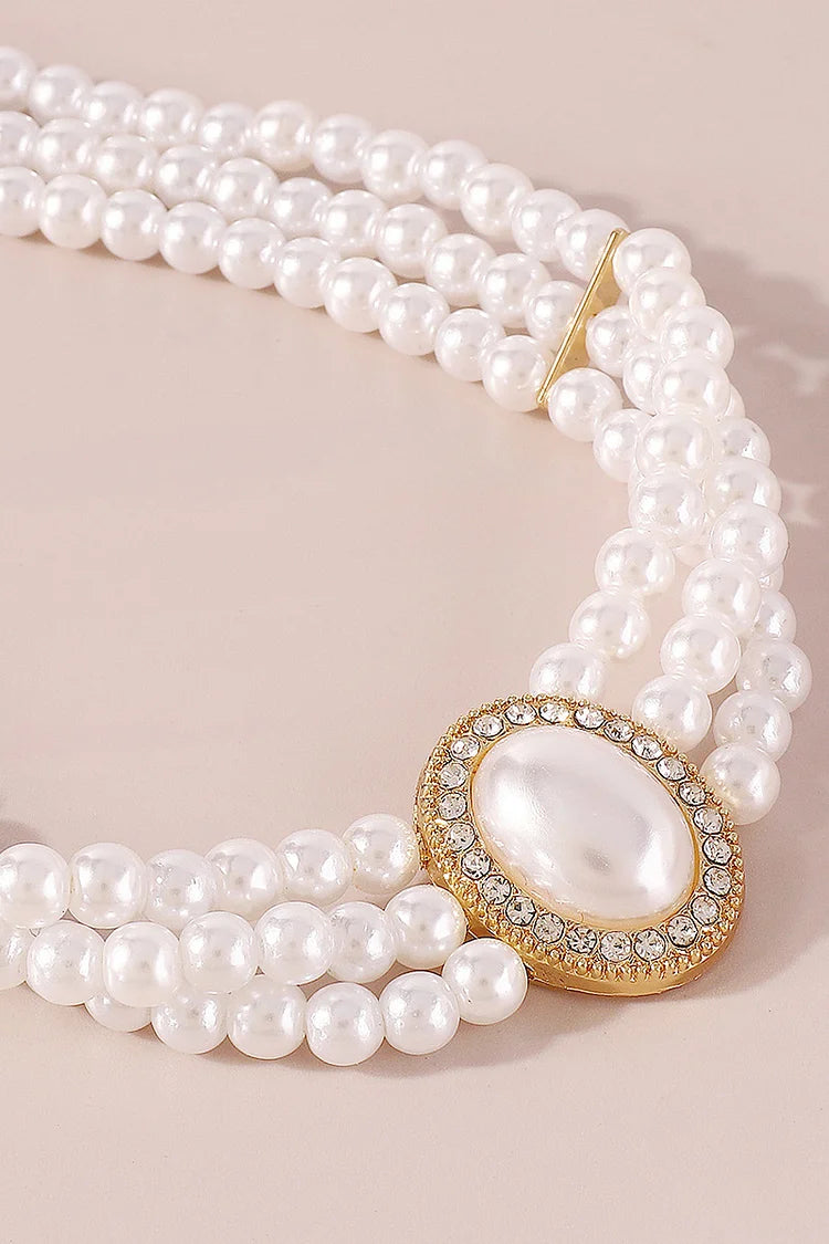 Elegant Layered Pearl Rhinestone Alloy Necklace