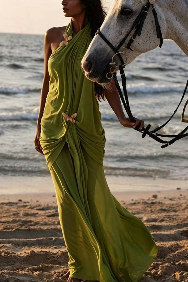 Touch of Drama Mesh Butterfly Metal Clips One Shoulder Backless Maxi Dress