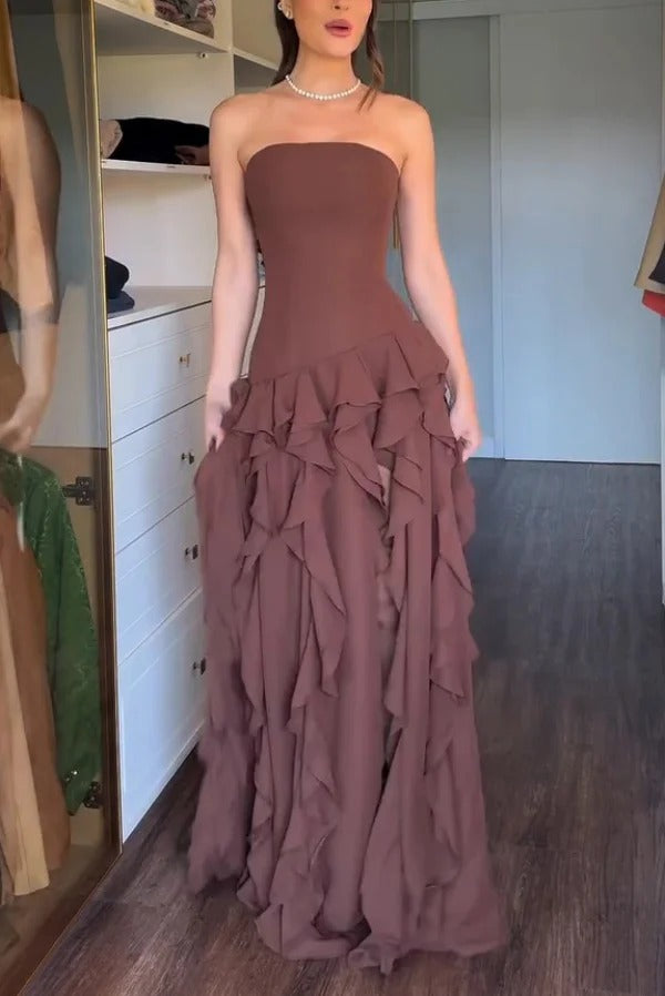 Elegant Sleeveless Off-shoulder Fitted Ruffled High Slit Maxi Dress