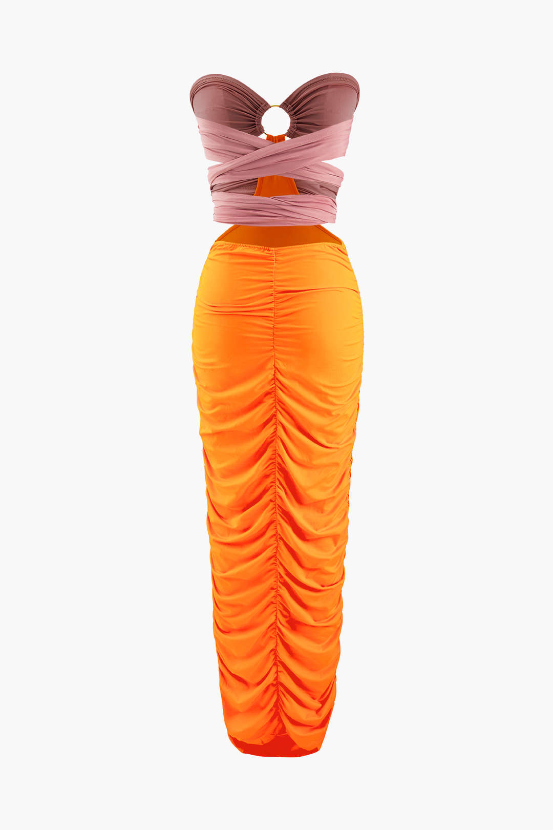Robe mi-longue sans bretelles à nouer contrastée