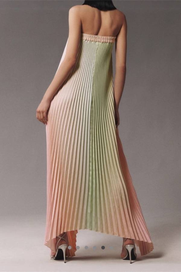 Strapless Ombre Pleated Asymmetric Hem Gown