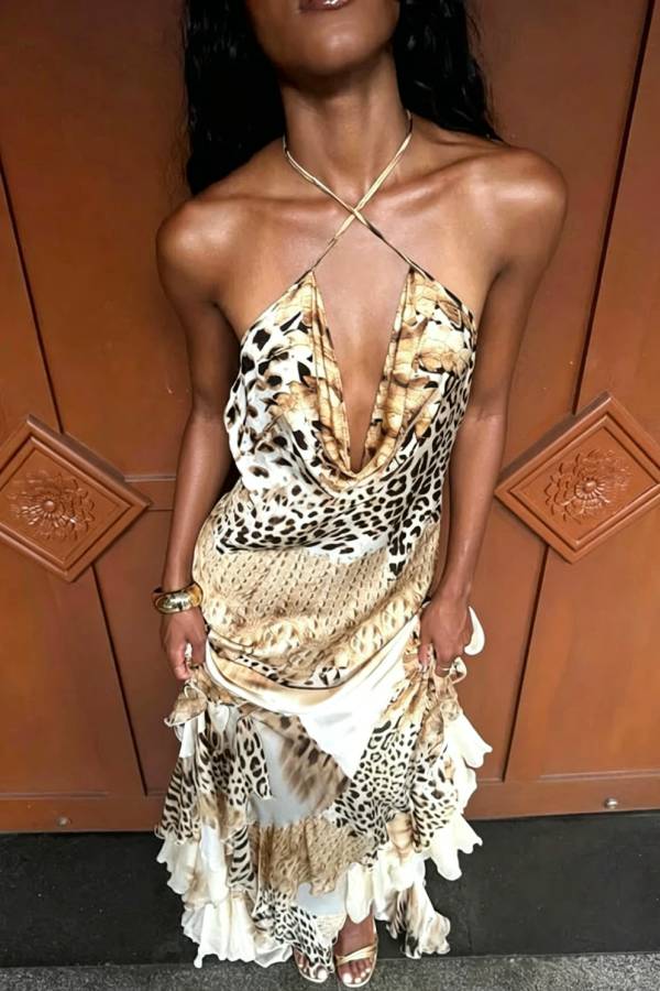 Coral Satin Leopard Print Halter Cowl Neck Exaggerated Ruffles Hem Maxi Dress