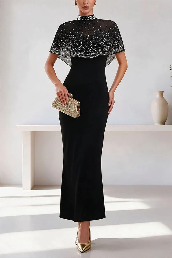 Grace Lady Sheer Pearl Details High-neck Cape Maxi Dress