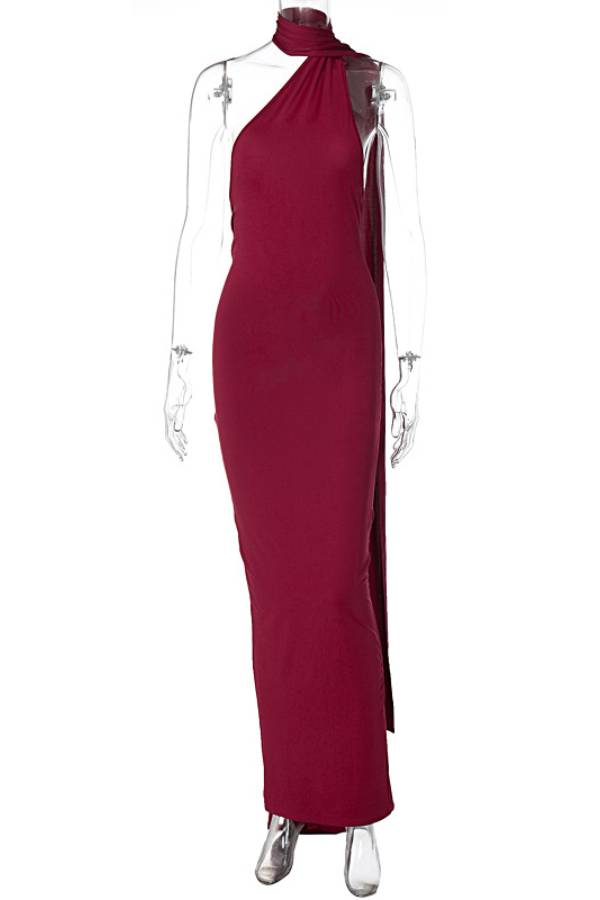 One-shoulder backless long dress with train