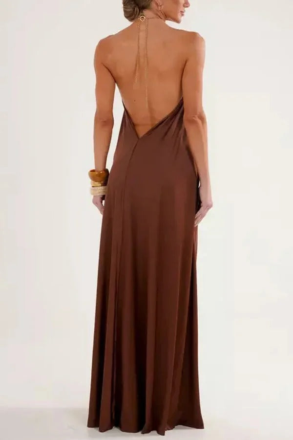 Ocean Goddess Metal Circular Chain Halter Backless Vacation A-line Maxi Dress