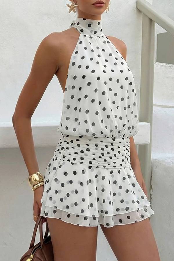 White Polka Dot Halter Backless Smocked Waist Double Ruffle Romper Shorts