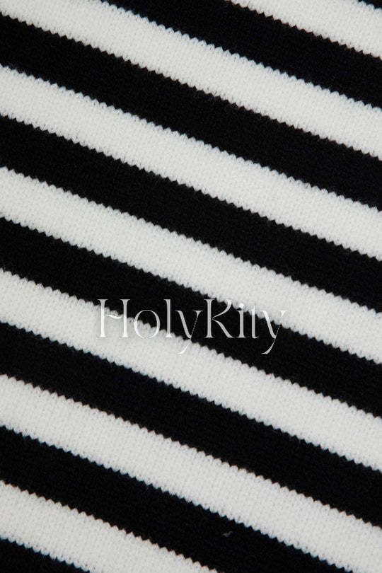 Stripe V-neck Cross Back Knit Midi Dress
