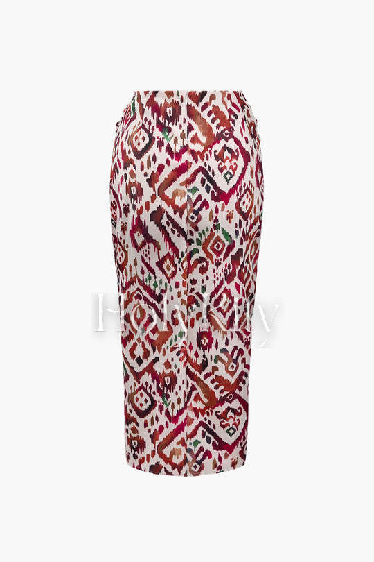 Geometric Print Twist Split Midi Skirt