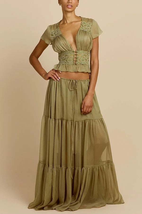 Sabrina Chiffon Lace Trim Button Up Short Sleeve Ruffle Plung Blouse