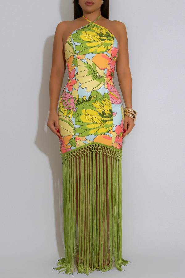 Print Halter Fringe Bodycon Maxi Dress