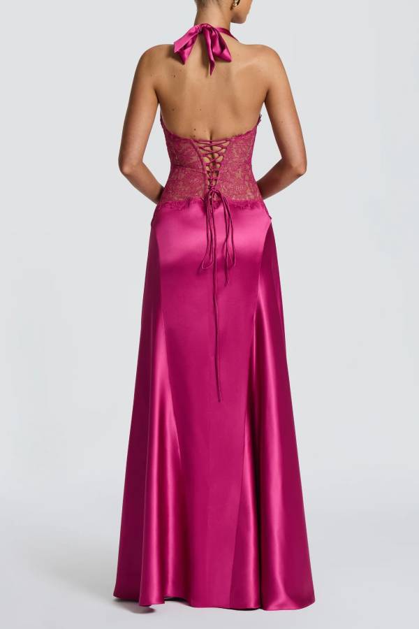 Virella Satin Lace Waist Pleated Halter Neck Straps Back Lace-up Maxi Dress