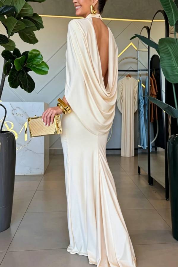 Mermaid High Neck Cape Sleeve Drape Open Back Evening Gown Maxi Dress