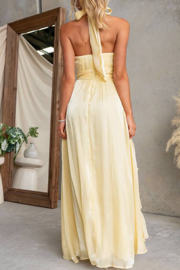 Shimmer Chiffon Halter Ruffle Bridesmaid Maxi Dress