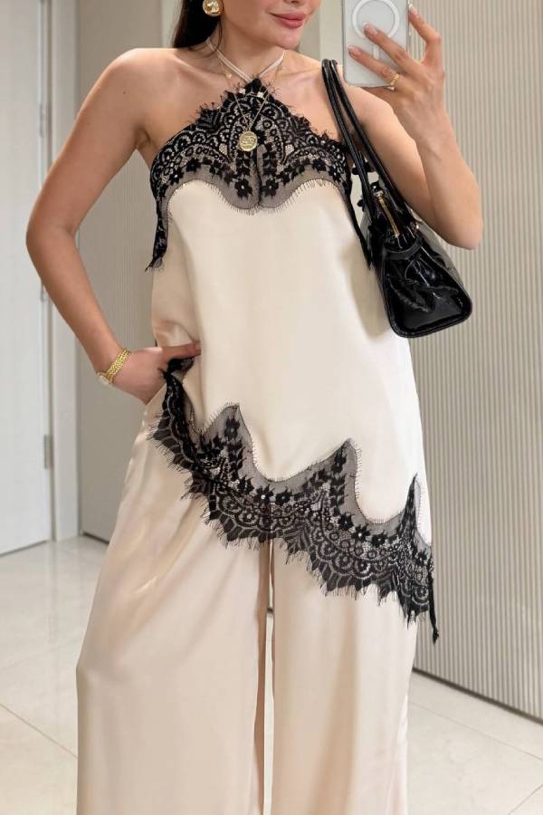 Satin and Lace Halter-Neck Wide-Leg Pants Set