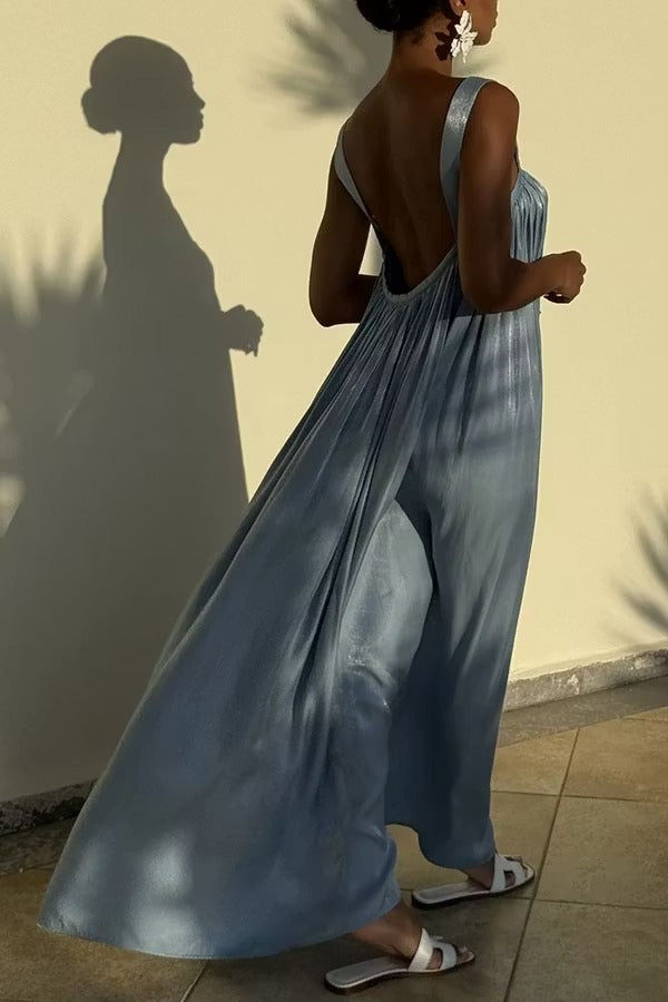 Pearlescent Luster Satin Wide Strap Open Back Loose Maxi Dress