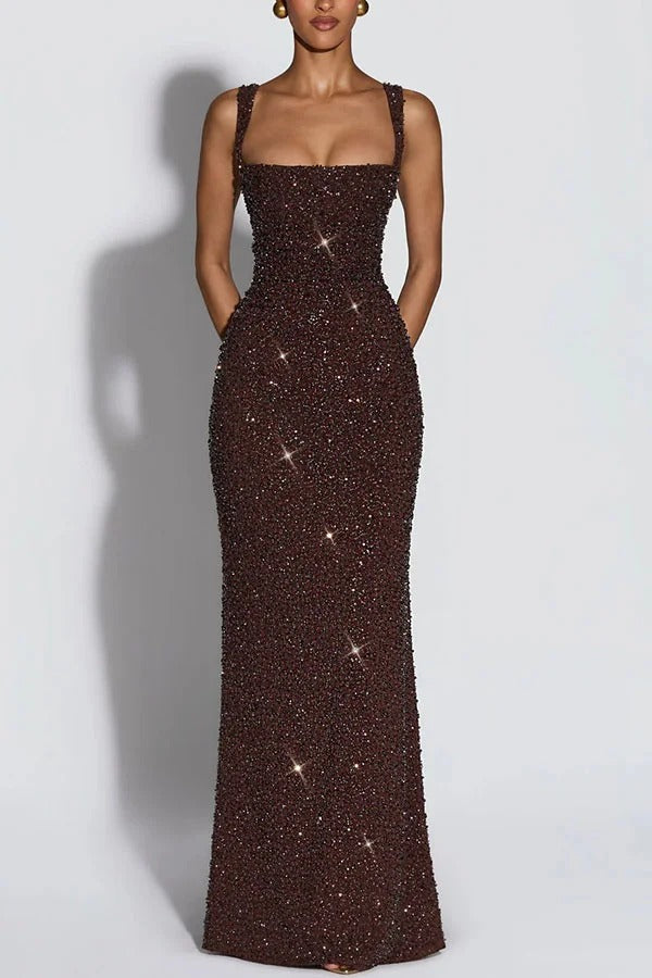 Calanthe Sequin Embellished Chiffon Ruched Square Neck Back Lace-up Maxi Dress