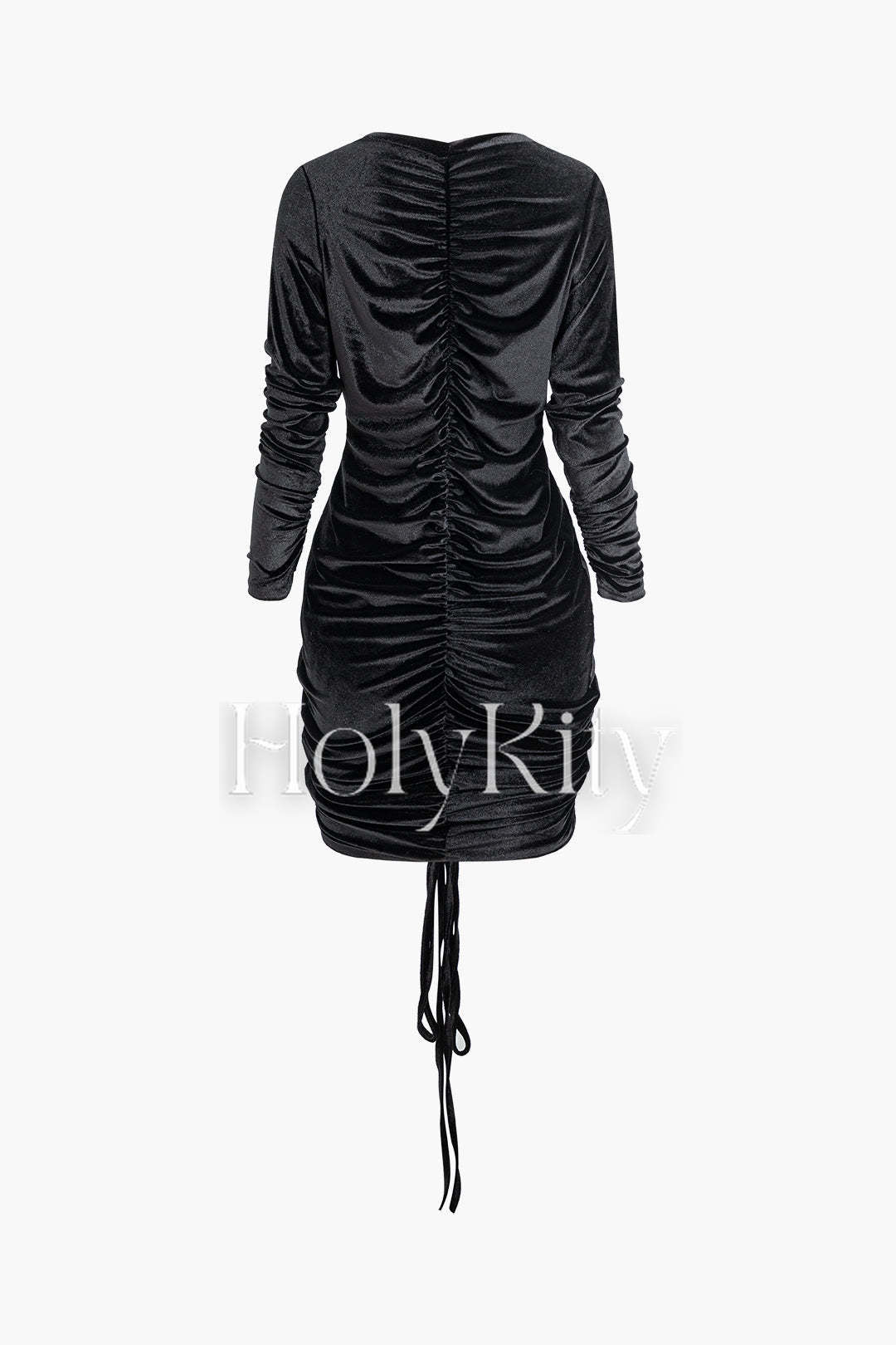 V-neck Ruched Velvet Drawstring Long Sleeve Midi Dress