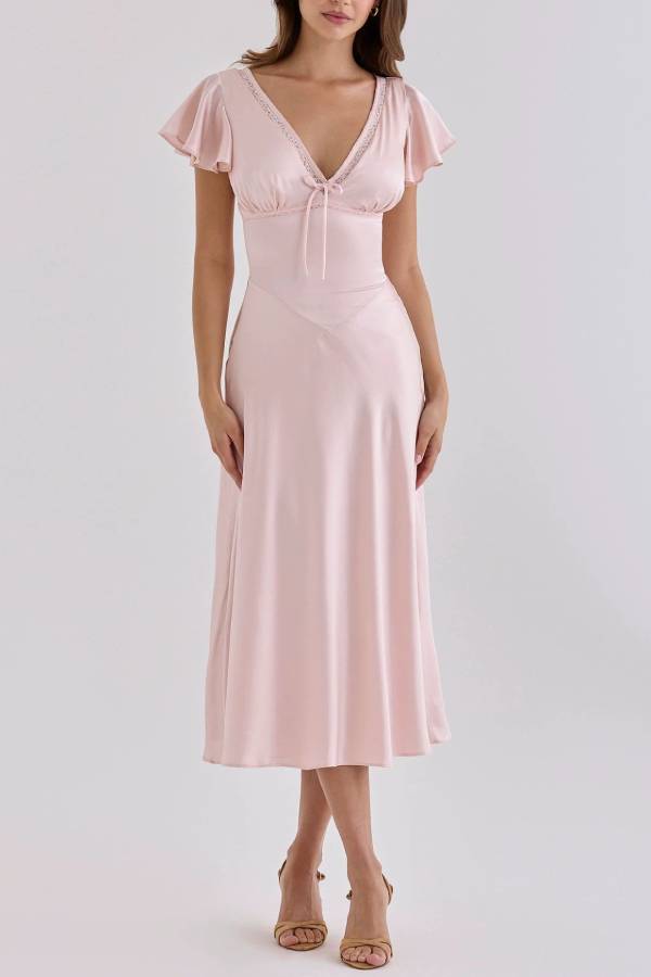 Lace Trim V Neck Flutter Sleeve Satin Midi Dress