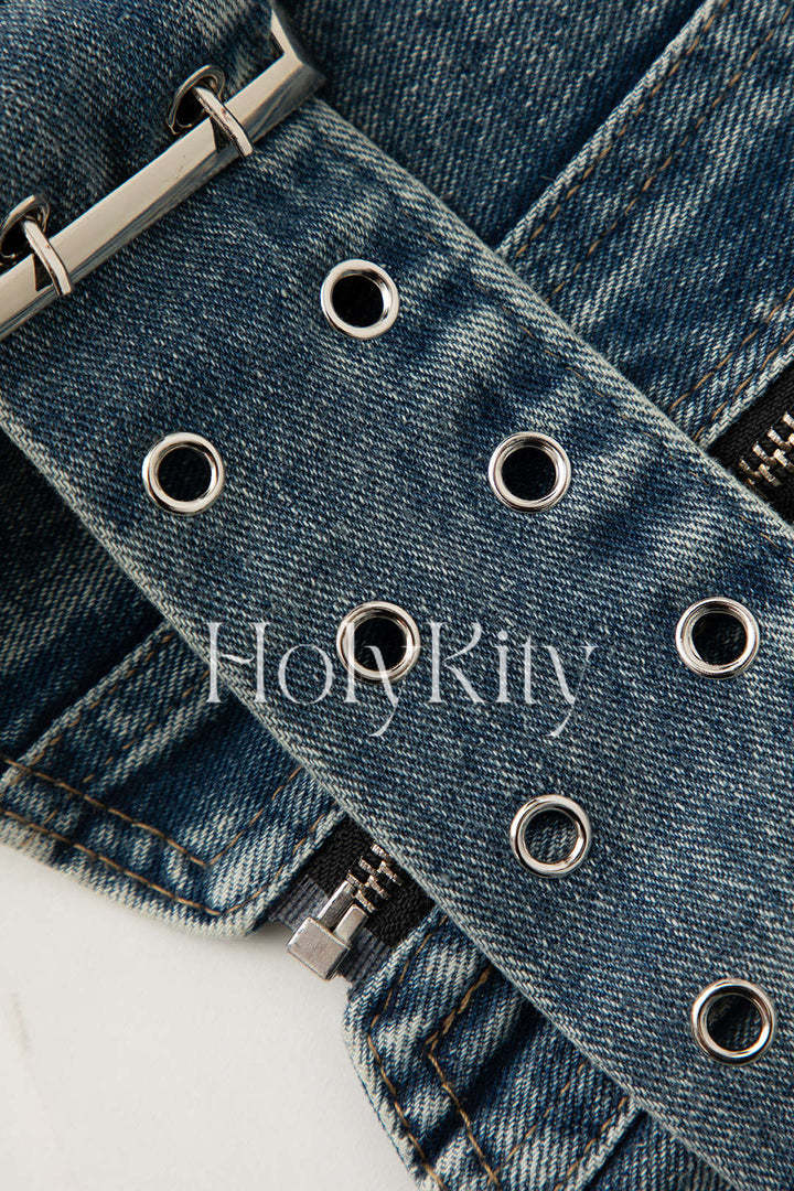 Trägerloses Denim-Top mit Gürtel