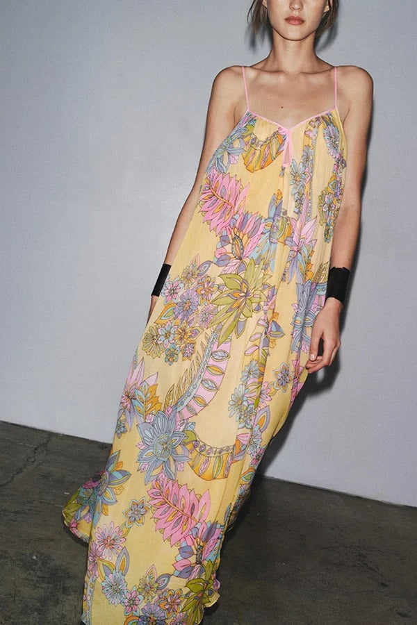 Plant Print Halter Back Loose Holiday Maxi Dress