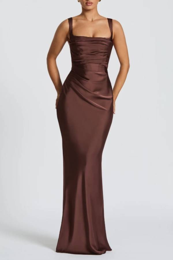 Satin Strap Mermaid Evening Gown with Lace‑Up Back