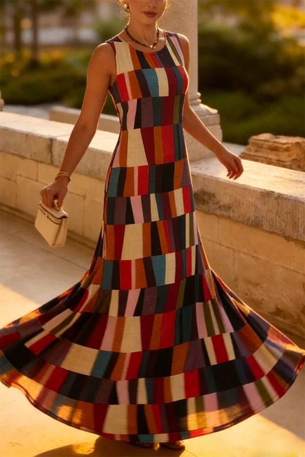Retro Chic Linen Blend Colorful Color Block Plaid Round Neck Sleeveless Maxi Dress