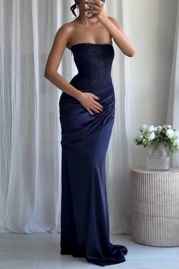 Elegant Strapless Rhinestone Pleated Party Dress