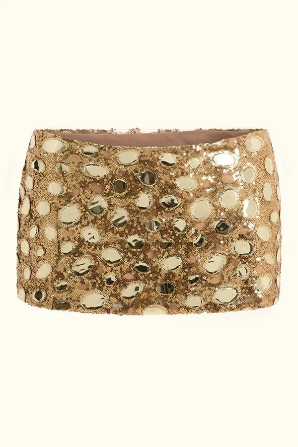 Uniquely Radiant Gold Sequin "mirror" Fabric Mid Rise Mini Skirt