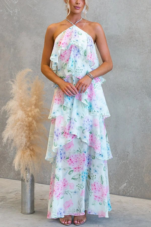 Poetic Eden Chiffon Floral Print Tiered Ruffles Halter A-line Maxi Dress
