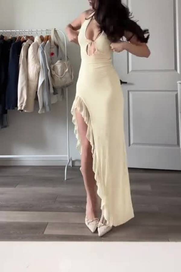 Halter Neck Deep V Cutout Lace-Up Backless High-Slit Ruffle Trim Slim Fit Long Dress