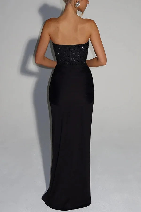 Carina Sequined and Satin Jersey Off Shoulder Ruched Knot Drape Maxi Dress
