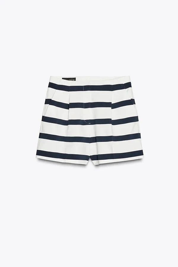 Logbook Stripe Button Shoulder T-Shirt and High-Rise Pocketed Loose Shorts Set