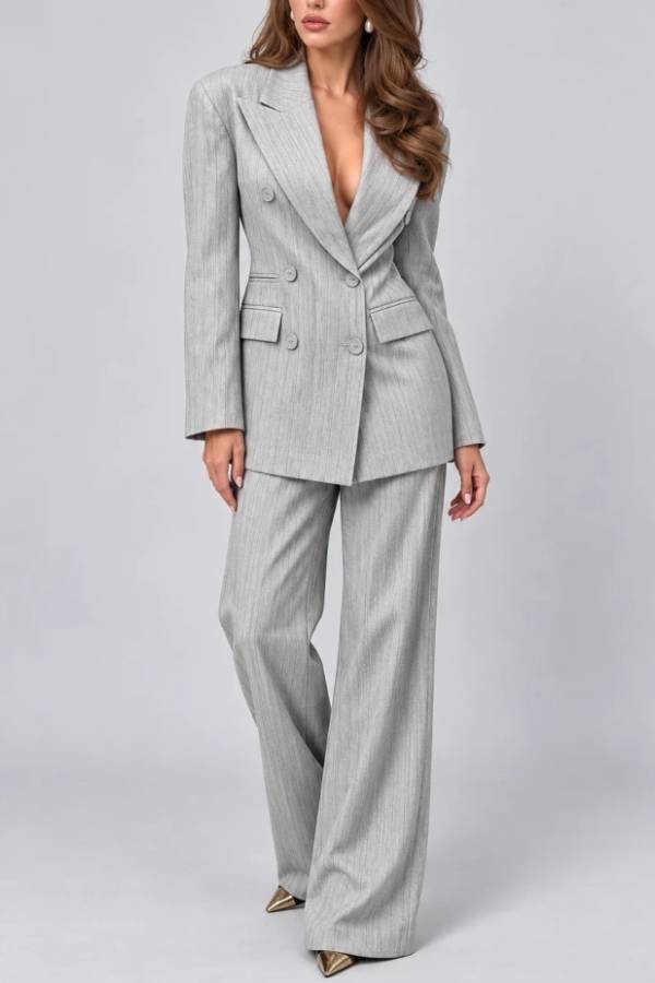 Grey Pinstripe Double-Breasted Blazer and Wide-Leg Pants Two-Piece Suit Set