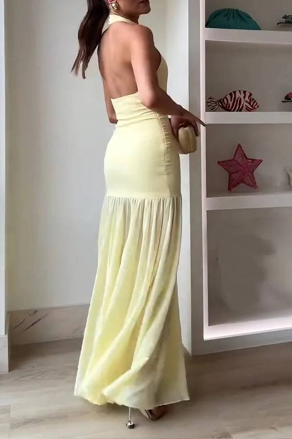 Elegant Halter Neck Ruched Drop Waist Maxi Dress