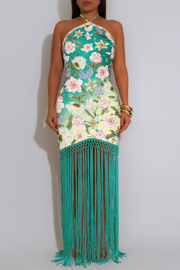 Print Halter Fringe Bodycon Maxi Dress