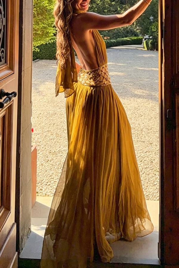 Kreeli Lightweight Tulle High Tie-up Neck Beaded Embellishment Waist Backless Slit Maxi Dress