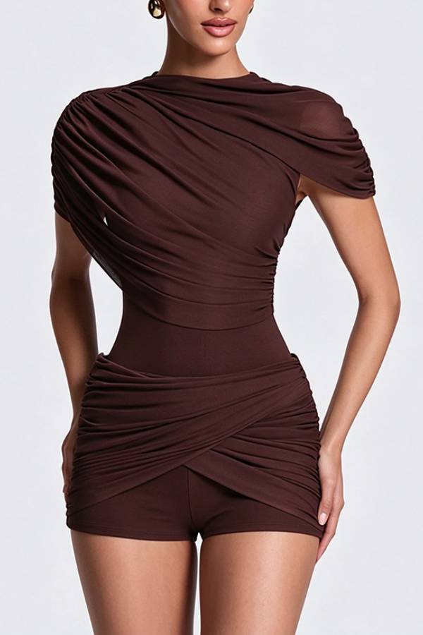 Asymmetric Draped Mesh Romper