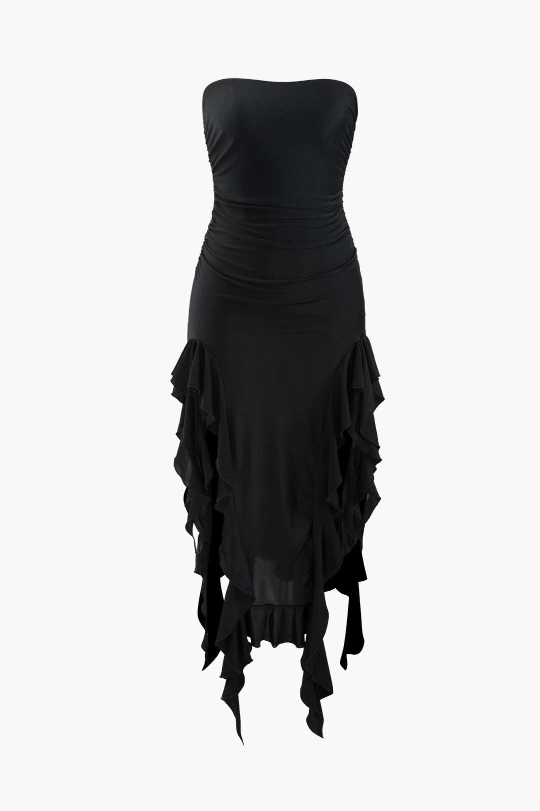Trägerloses Midikleid mit Rüschensaum und Schlitz