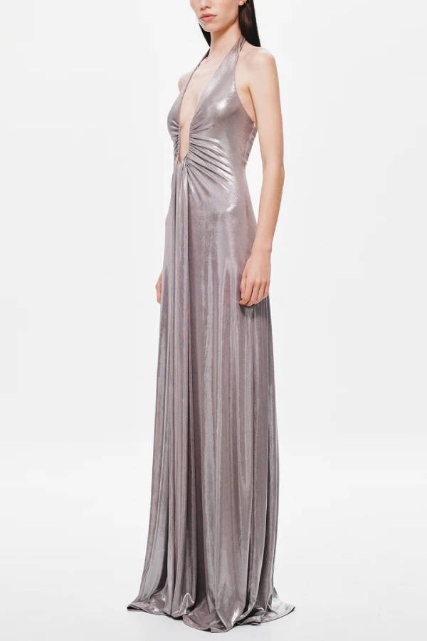 Halter Deep‑V Ruched Draped Evening Maxi Dress